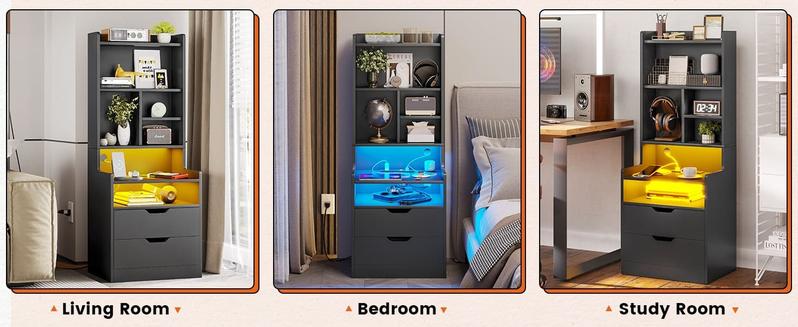 Sikaic LED Nightstand With Bookshelf Charging Station Furniture Drawer Bedroom Table Home Organize Study Minimal Interior Power Outlets Sikaic LED Nightstand With Bookshelf Charging Station Furniture Drawer Bedroom Table Home Organize Study Minimal Interior Power Outlets