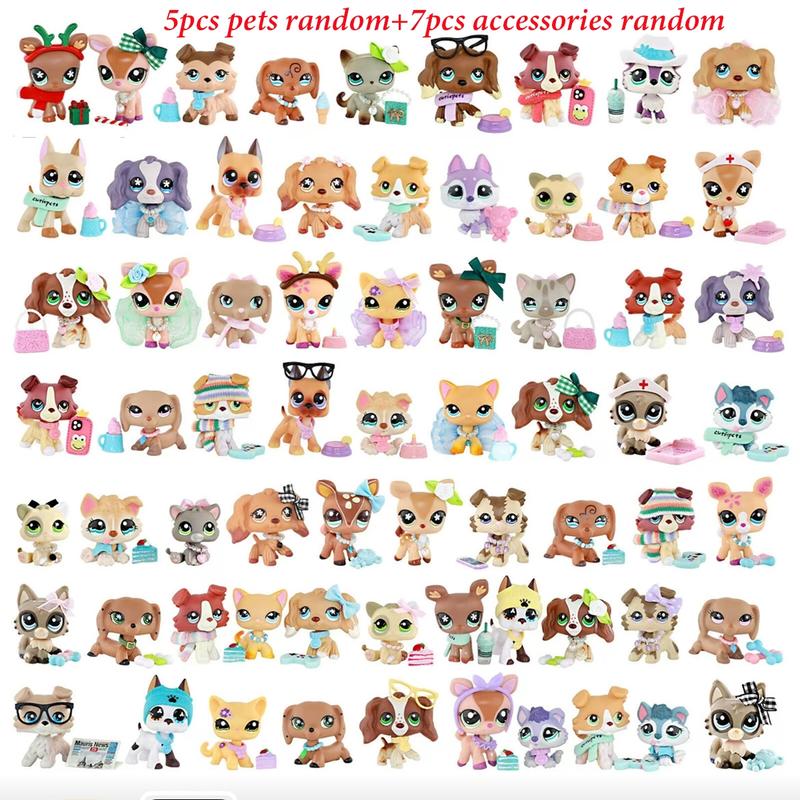 5PCS Random Miniature Cat and Dog Figures and Random 7pcs Accessories for LPS Collection Collectible Soft Animal Cute Animal Design