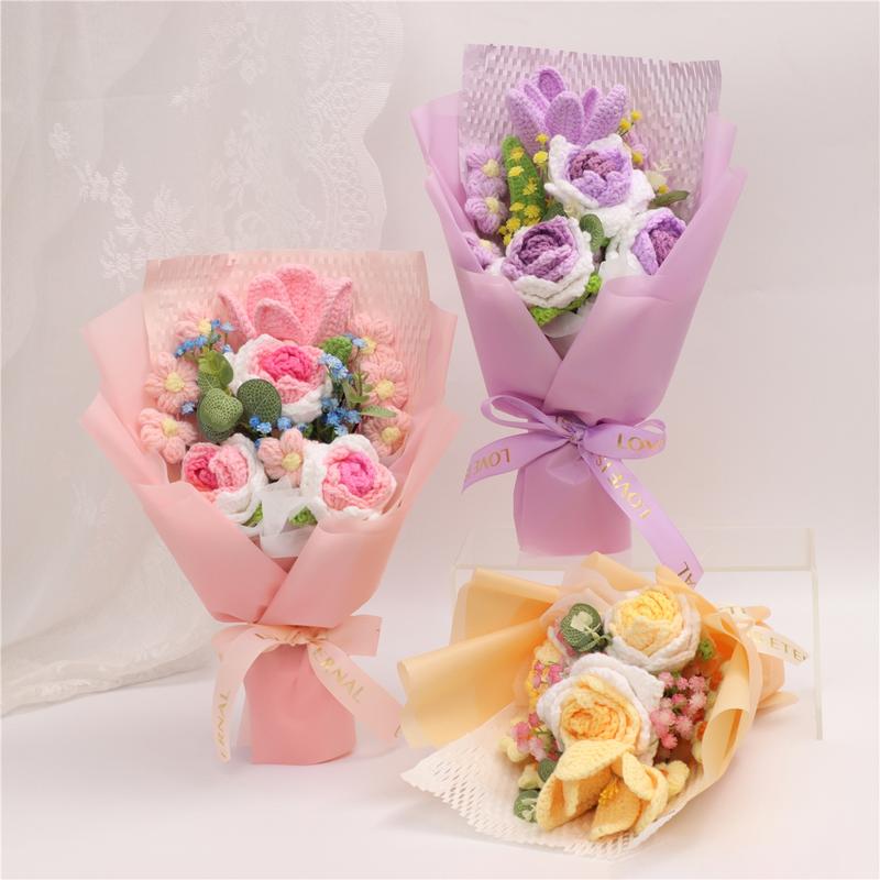 Handmade Crochet Rose Bouquet Yarn Knitted Fake Flowers, Christmas Mother's Day Valentine's Day Wedding Anniversary Gift