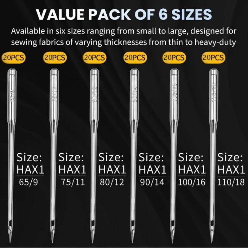 Universal Sewing Machine Needles, 120pcs Compatible with Singer Brother Janome Varmax, Sizes Hax1 65/9-110/18, High-Quality Needle Set