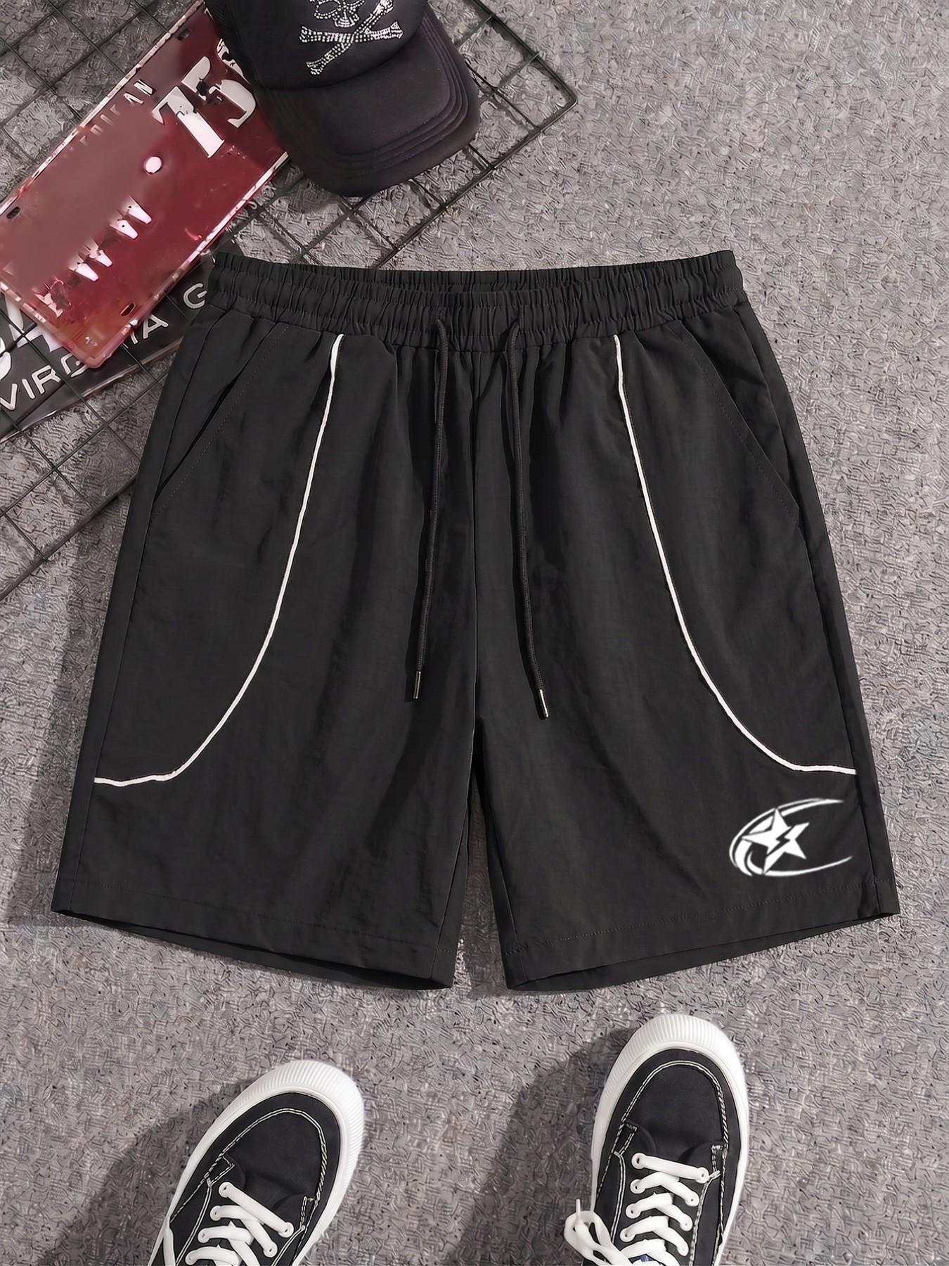 Men's Urban Style Casual Shorts, 100% Nylon Lightweight, Curved Contrast Stripe, Graphic Print, Elastic Drawstring Waist Loose Summer Shorts