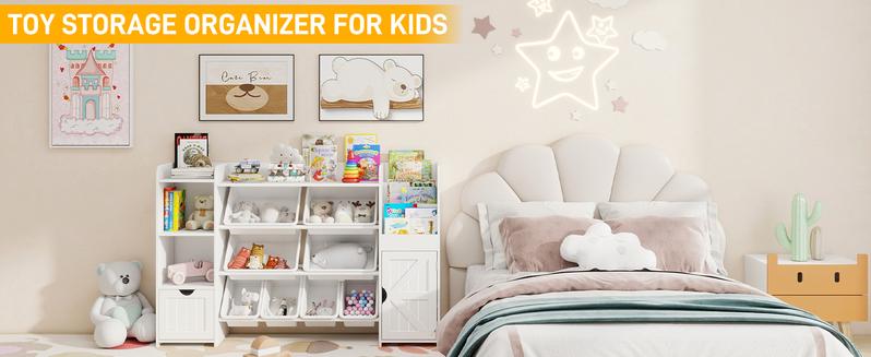 Vabches 55" Large Toy Organizer with 8 Toy Storage Tubs, Storage Boxes and Storage Racks, Tiered Bookshelf and 7 Storage Cubbies, Bookshelf, Playroom Storage and Storage Boxes