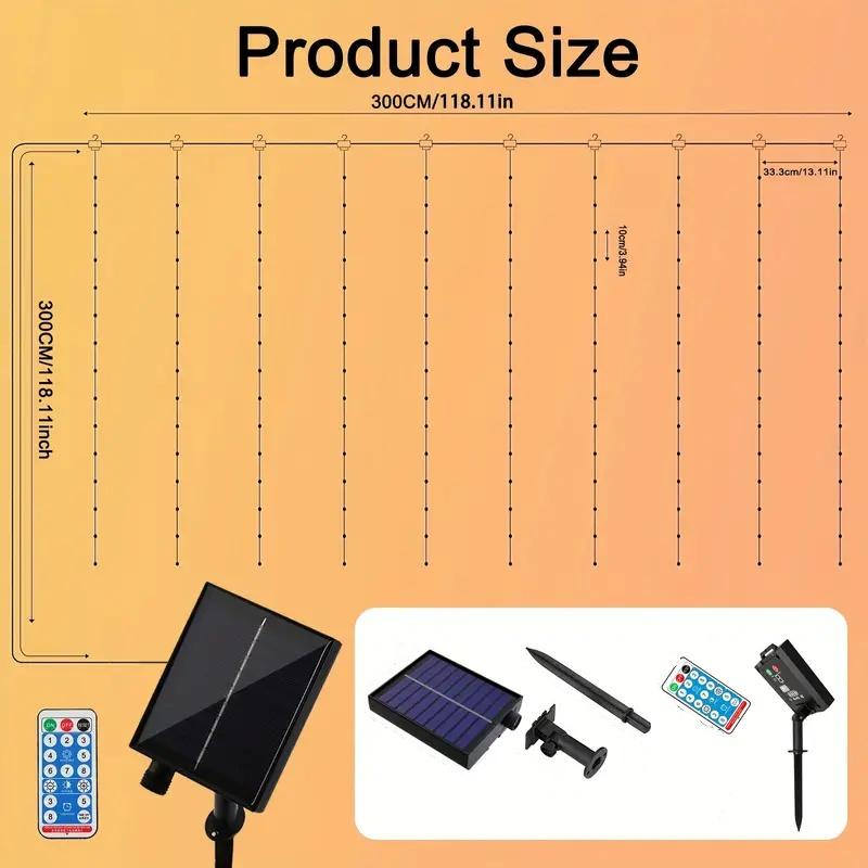 Solar Powered LED Curtain Light with Remote Control, 8 Light Modes Decorative String Light with Timer & Hook, Outdoor LED Decorative Light for Garden, Yard, Party, Wedding