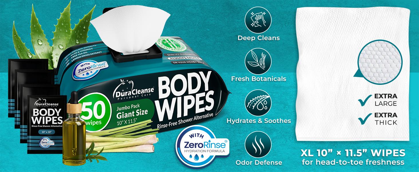 XL Body Wipes for Men - 50 No Rinse Shower Sheets + 4 Travel Bath Sachets - 10 x 11.5" After Gym Mens Deodorant Wipes - Adult Disposable Washcloths, Face Towels for Camping & Gear
