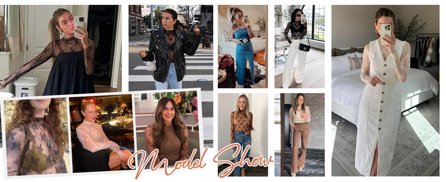 JovenPara Womens Lace Mesh Long Sleeve Tops Floral Sheer See Through Sexy Mock Neck Tee Shirts Layering Blouses