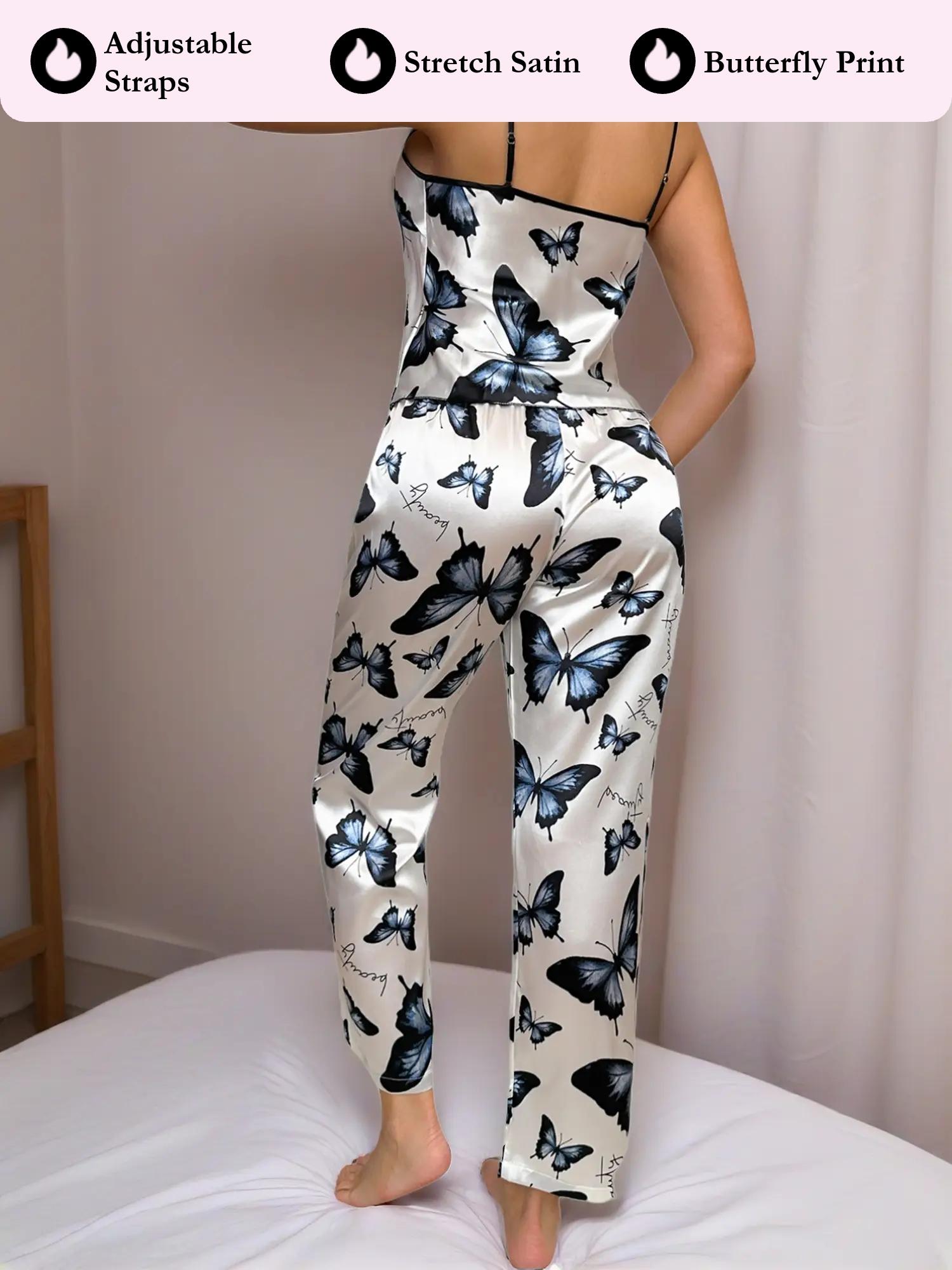 Women's Butterfly Print Strap Sleepwear Set, Comfortable Fashion Design, Perfect for Casual Wear, Ladies' Nightgown & Pajama Suit