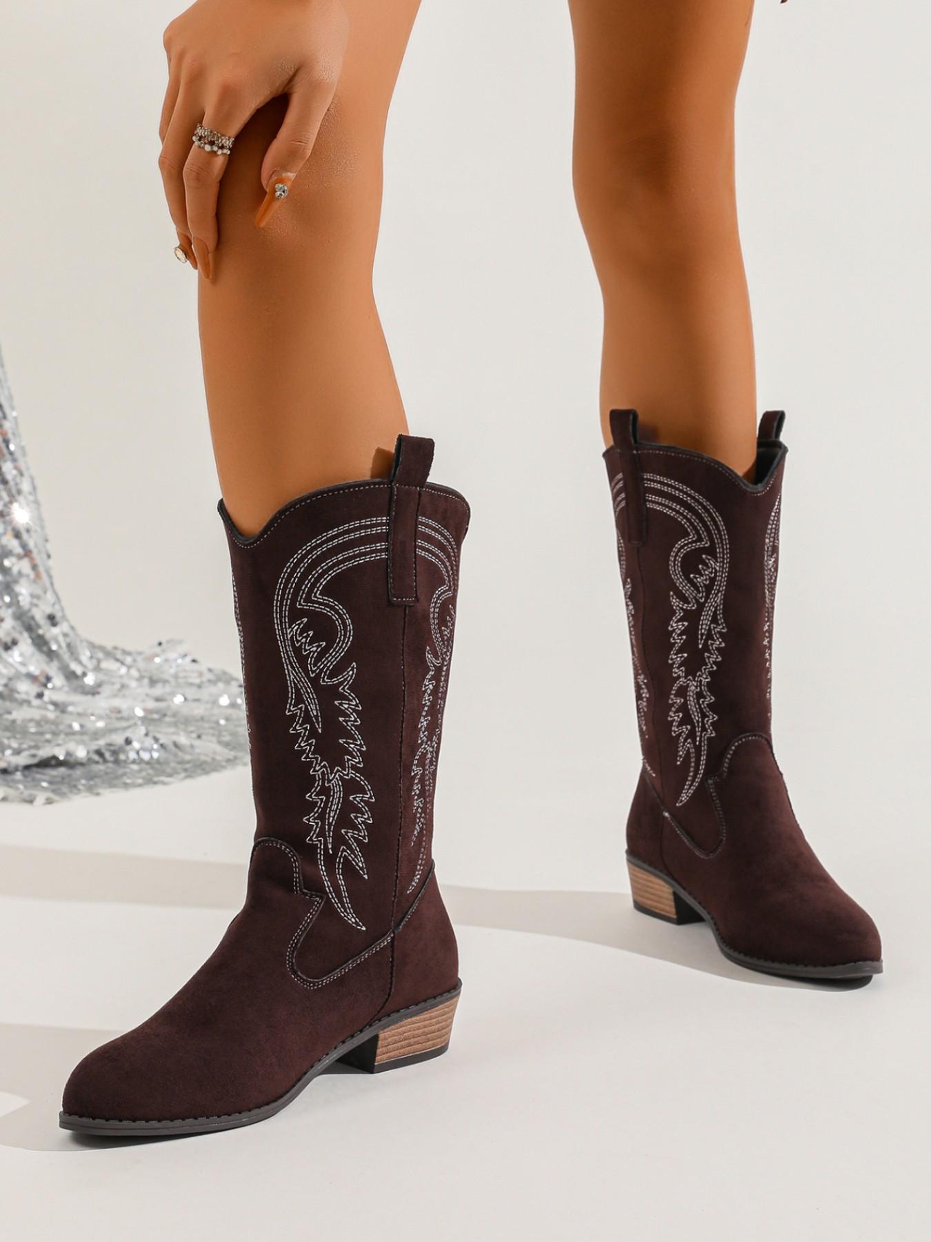 American Vintage Style Classic Western Embroidered Mid-Calf Boots, PU Leather, Rubber Sole, Fashion Winter Shoes, Slimming Effect