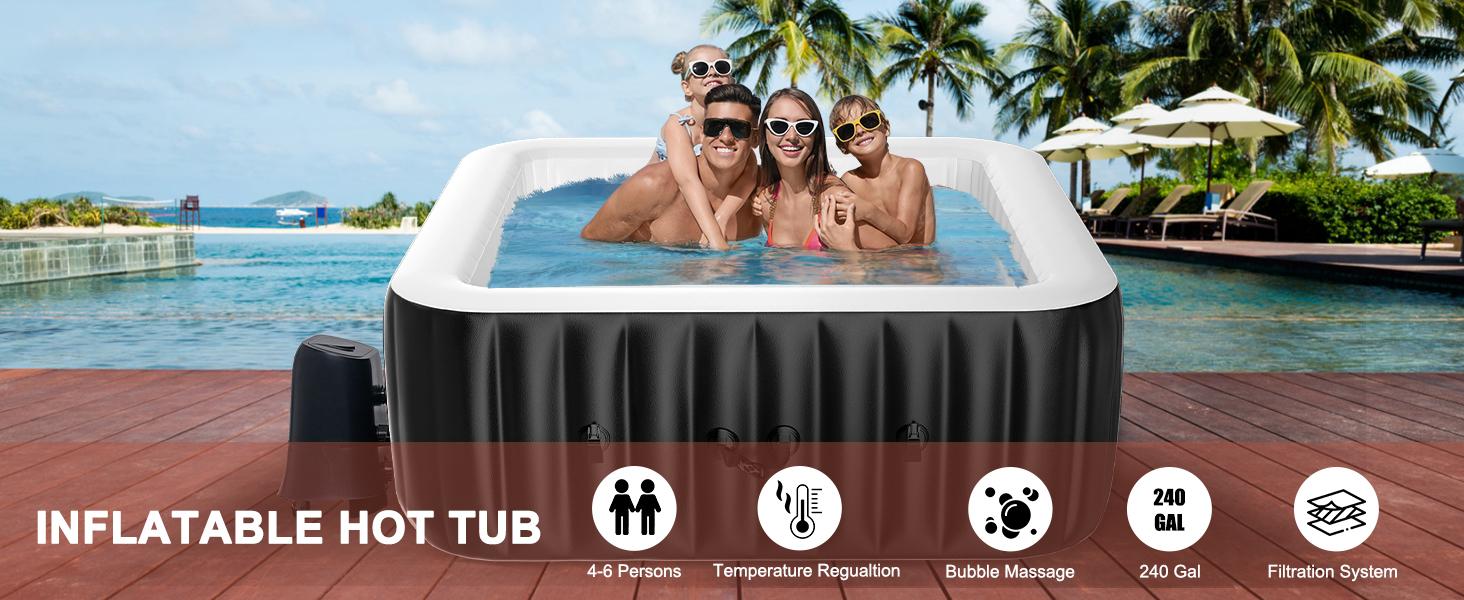 MOPHOTO Inflatable Hot Tub, 73"X73"X25" Portable Blow Up Hot Tub for 4-6 Person, Square Outdoor Spa with 130 Bubble Jets and Heater Pump, Filter Durable inflatable pool