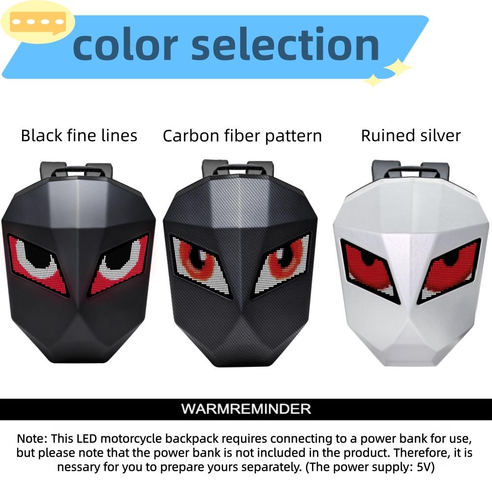 LED Motorcycle Backpack with Programmable Rider Eye and RGB Lighting, USB APP Control, Expandable Storage, Durable Design