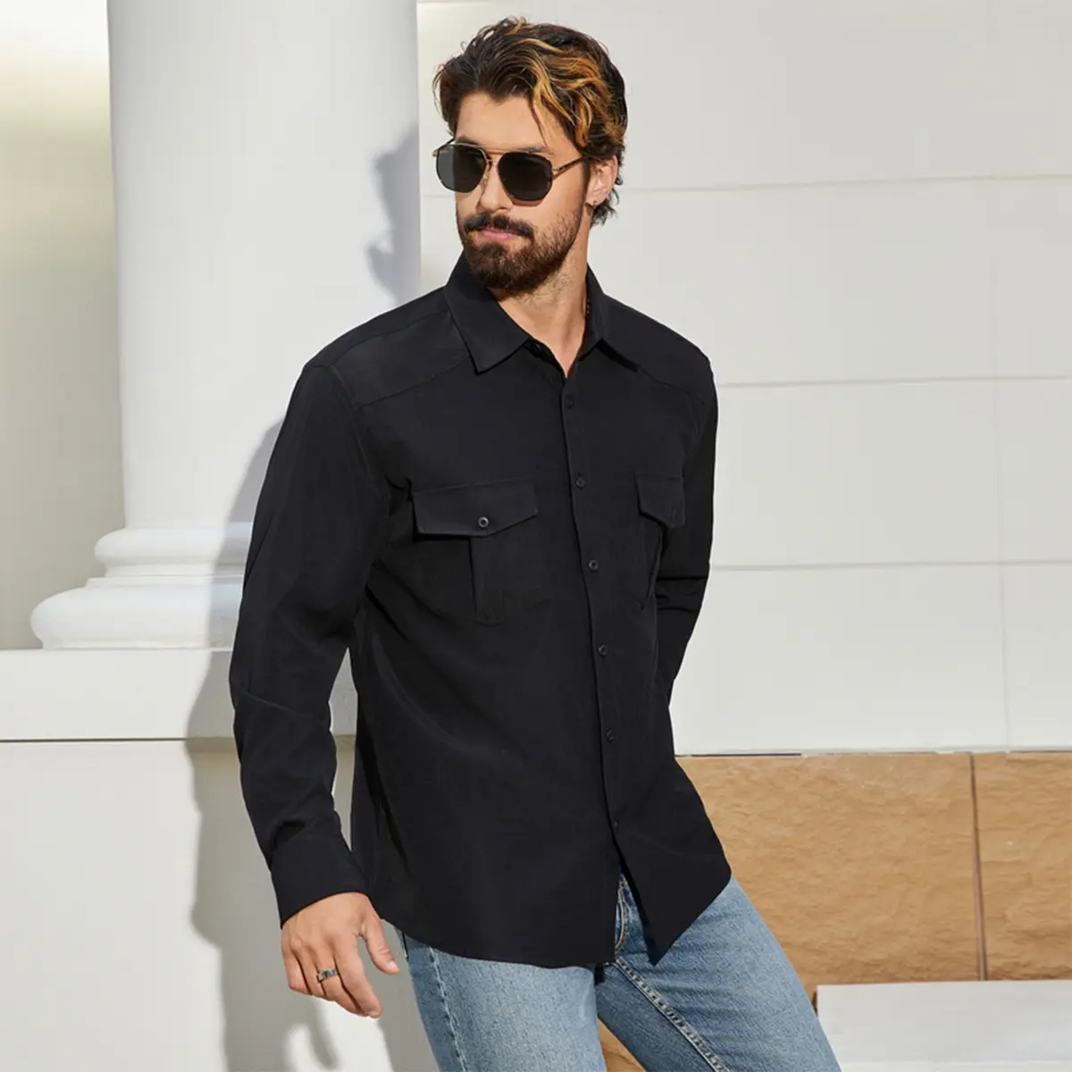 Men's Plain Black Longsleeve Button-Down Cargo Shirt, Casual Workwear Top with Dual Pockets, Loose-Fit Lightweight Outer Shirt Jacket, Machine Washable for Travel Outdoor Daily Outfits