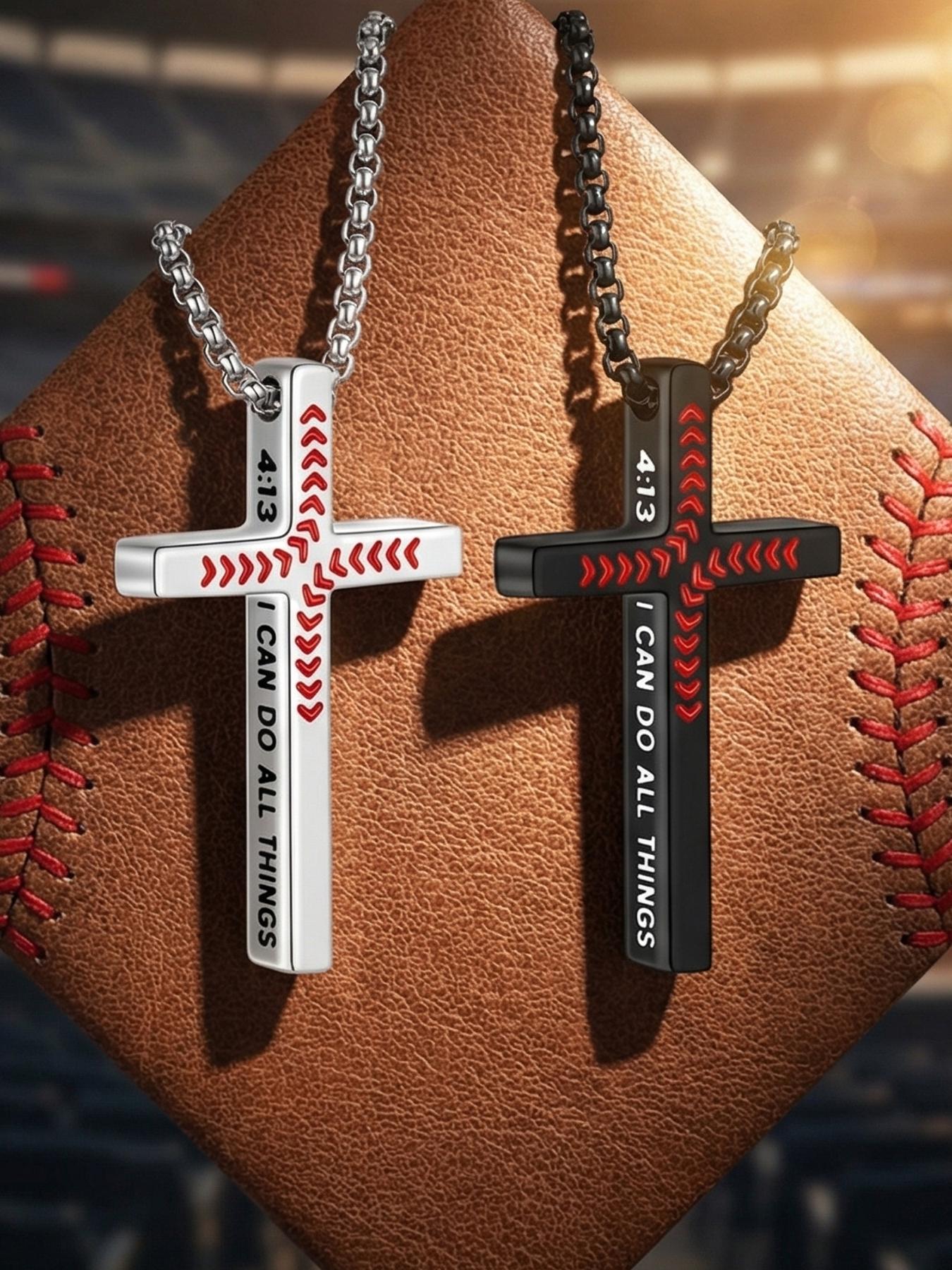 Punk Fashion Cross Necklace 4:13 Bible Verse Cross Pendant Necklace, Black and Silver Necklaces for Boys and Men #Baseball/316L Stainless Steel/Fade-Resistant/Hypoallergenic/Couples/Festivals/Parties/Ideal Gift