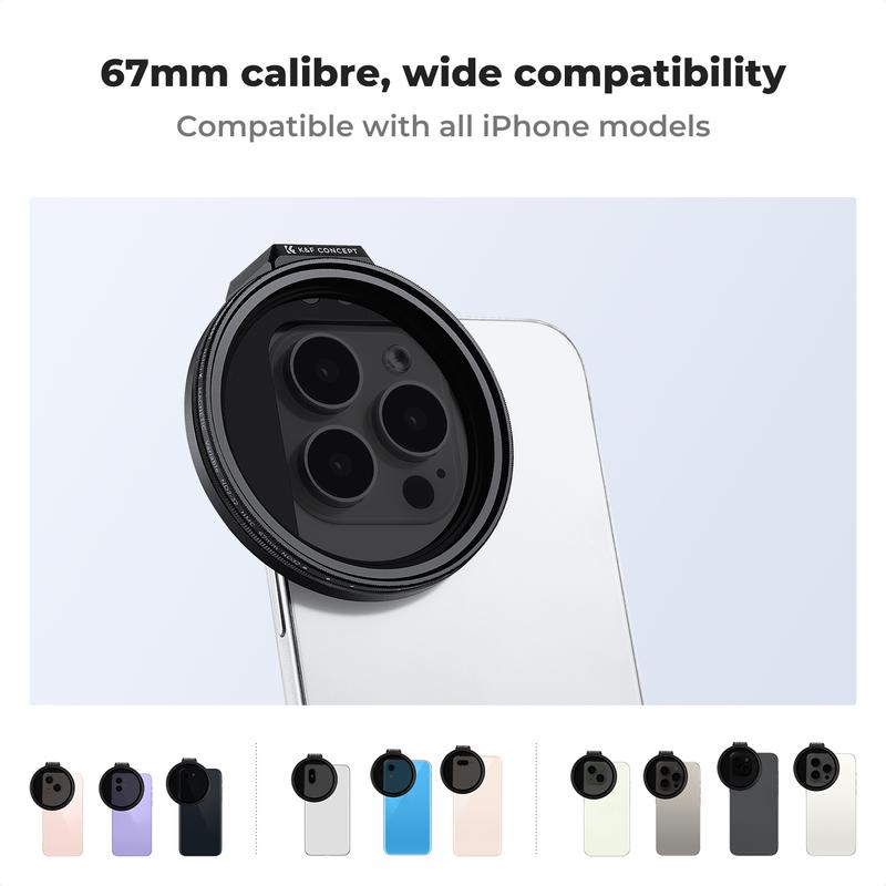 [K&F CONCEPT]Clip On 67mm CPL Magnetic Phone Lens Filter Kit, Phone Clip with Magnetic Adapter Ring/Cold Shoe/Locking Knob, Polarizer Filter for iPhone 16 15 Pro Max 14 13