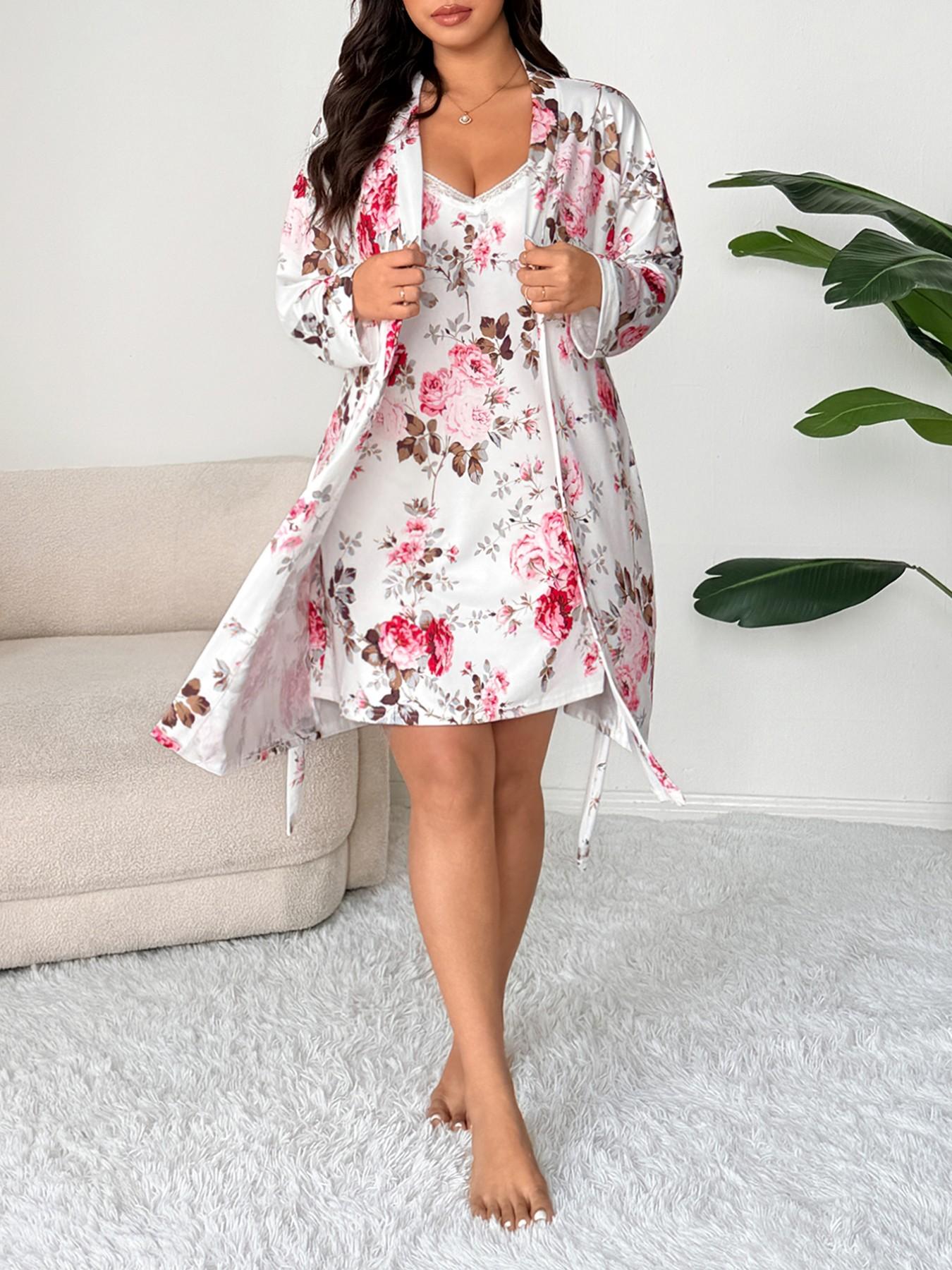【Plus Size】 Floral Print Lace Trim Cami Nightdress & Open Front Long Sleeve Robe Fitted Two-piece Set, Casual Comfy Pyjama Set for Women, Women's Sleepwear & Loungewear for Spring & Fall