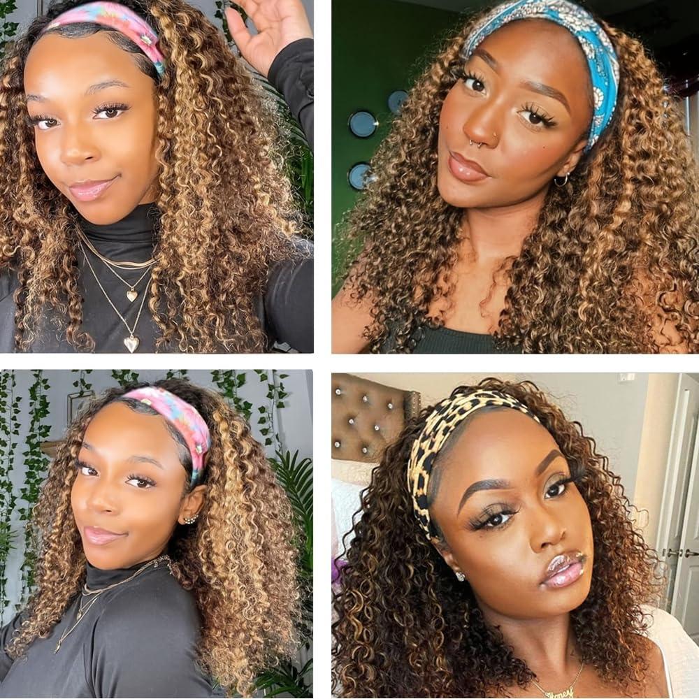 Highlight 4/27 Deep Curly Headband Wig Human Hair Glueless None Lace Wigs 180% Density Scarf Wig No Gel No Glue Full Machine Made Human Hair Wigs Wear And Go Curly Wigs for Women