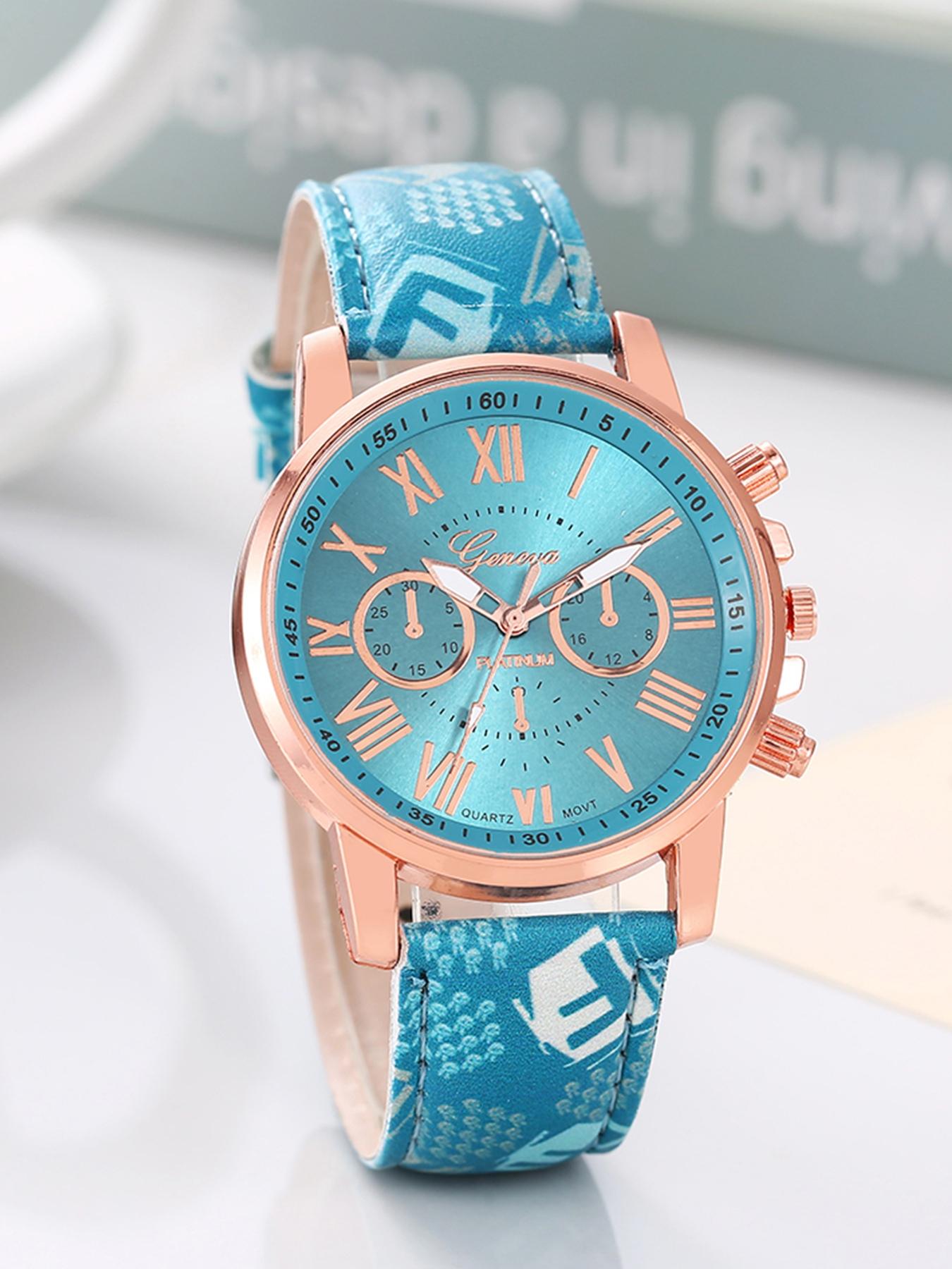 6-piece set of ladies' wristwatch leather straps, Geneva quartz watches with faux three-eye Roman numerals, fashionable ladies' watch set