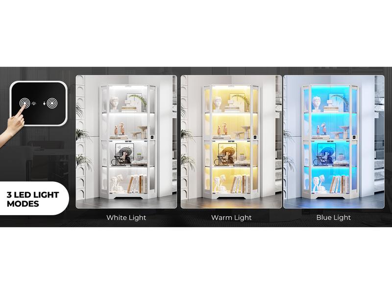 BROTTAR Corner Display Cabinet with Glass Doors, 65" Lighted Curio Display Case with 3 Color Lights for Collectibles, 4-Tier Corner Display Case with Human Body Sensor for Living Room,Large Storage Capacity, White BROTTAR Corner Display Cabinet with Glass Doors, 65" Lighted Curio Display Case with 3 Color Lights for Collectibles, 4-Tier Corner Display Case with Human Body Sensor for Living Room,Large Storage Capacity, White