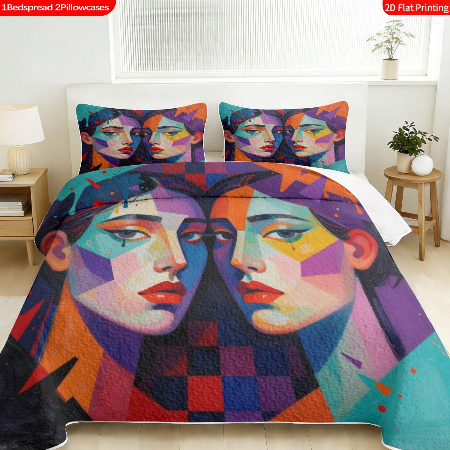3 pcs, 2D Flat Print Abstract Geometric Portrait Bedspread Set, Soft and Comfortable, Multiple Sizes Available, Suitable for Gifting and Daily Use, Ideal for Creating a Cozy Home Atmosphere(1 bedspread , 2 pillowcases)