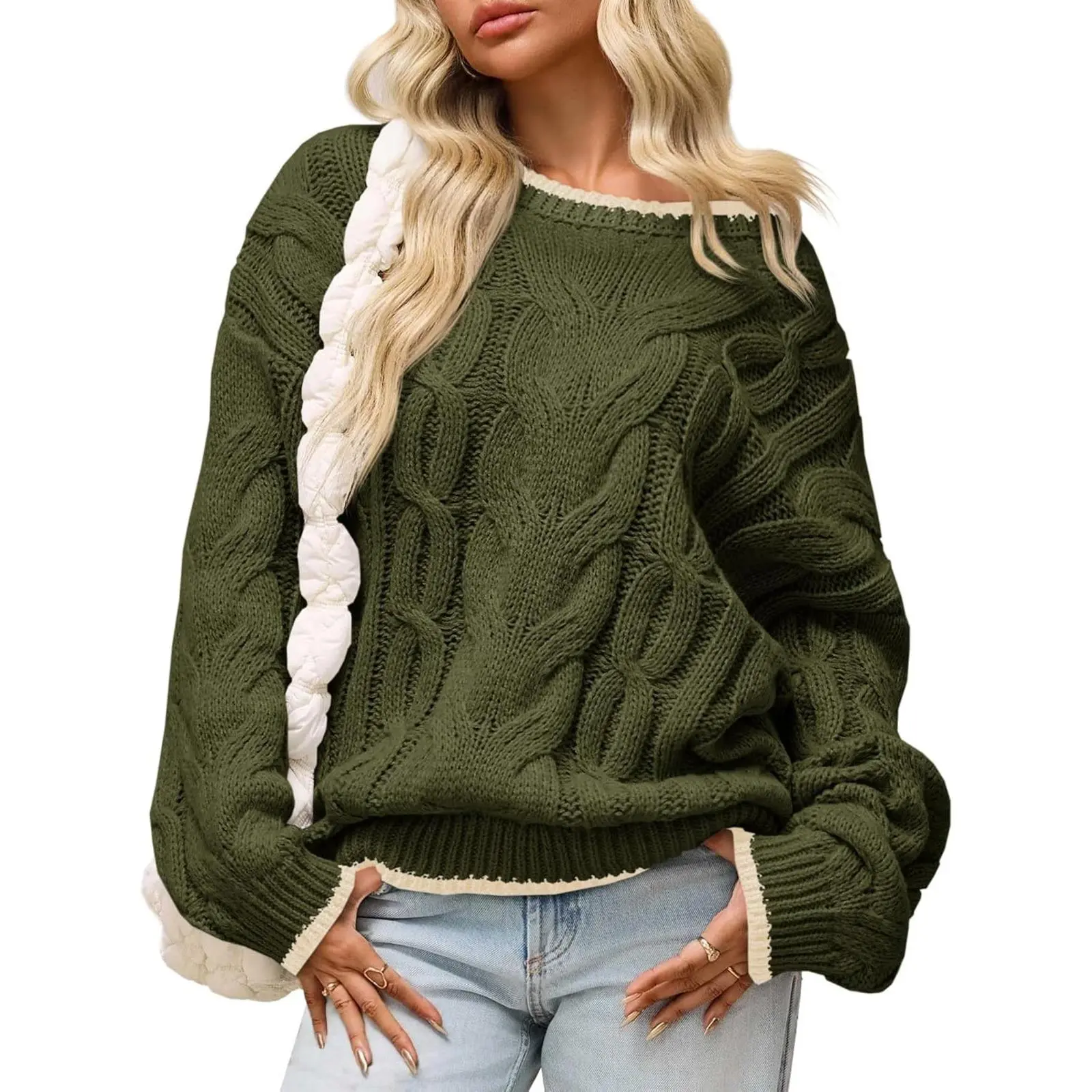 Aoysky Womens Oversized Sweater Casual Cable Knit Color Block Crewneck Pullover 2026 Fall Winter Chunky Trendy Sweaters