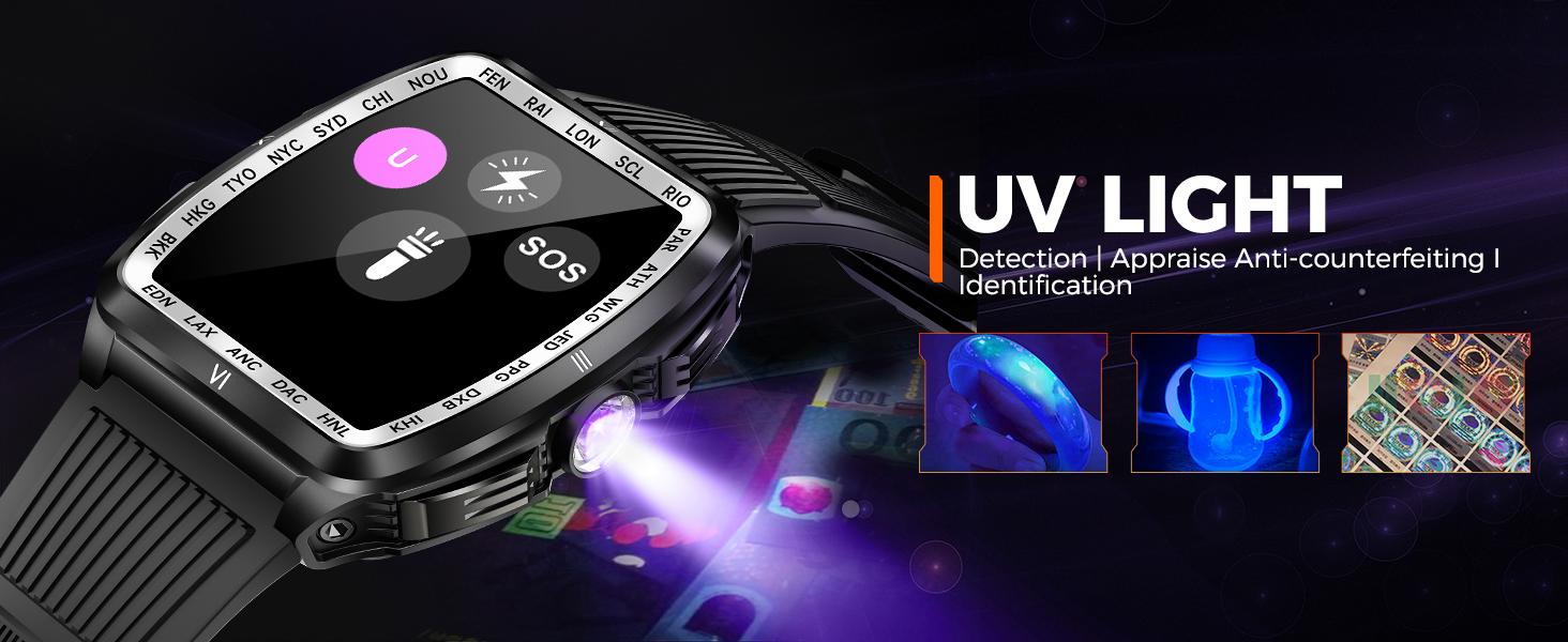 Smartwatch with LED/ UV Flashlight 5ATM Waterproof Smart Watches with Wireless Calling 100+ Sports Modes Diving Watch Multifunctional Digital Watch Gifts for Men