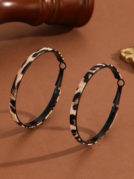 Fashionable Ring Earrings Set, Leather Strap with Letters Leopard Print Design, Unique Personalized Large Hoop Style Jewelry, Versatile Earrings