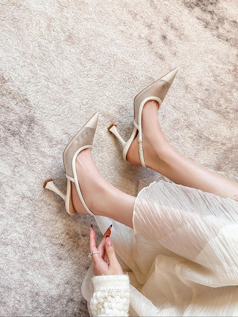 Women's Solid Color Pointed Toe High Heel Shoes, Ankle Strap Heels, Elegant Fashionable Heels for Party, Daily Clothing Decor, Back Empty Versatile Shoes for Women, Footwear