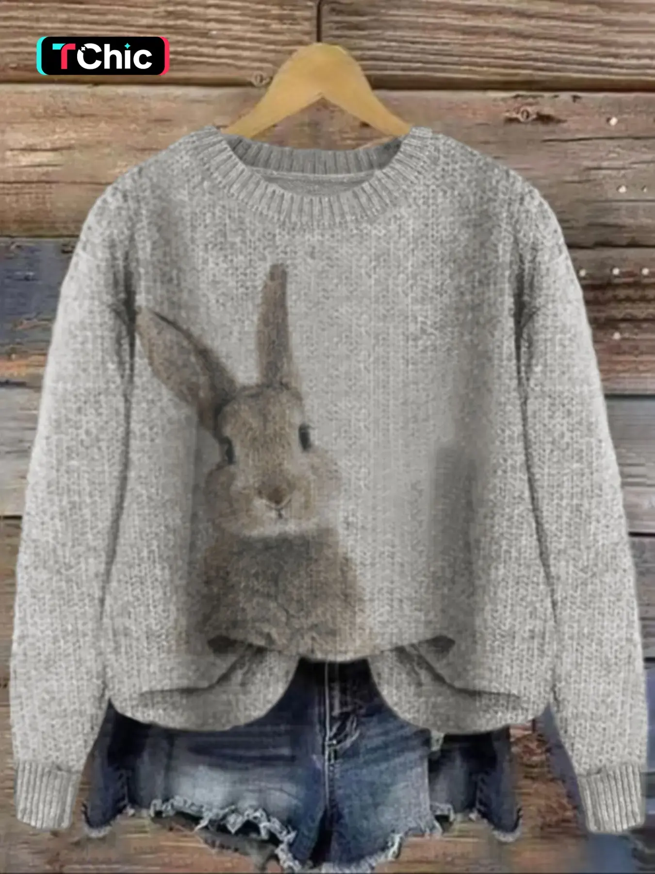 Women's Rabbit Print Drop Shoulder Sweater, Casual Style Baggy Long Sleeve Round Neck Jumper for Fall & Winter, Fashion Ladies' Knitwear for Daily Wear