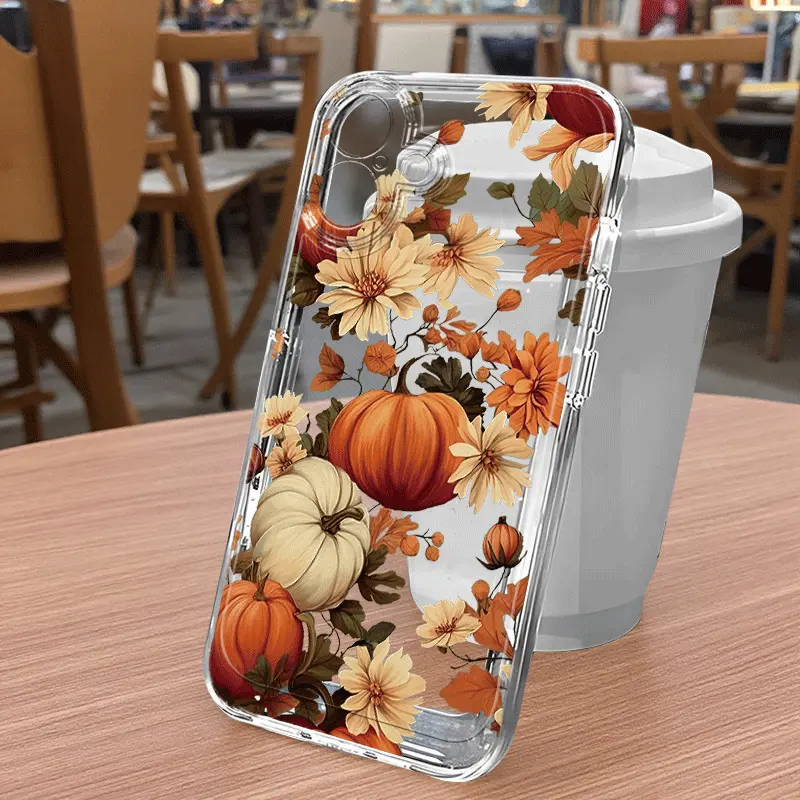 Pumpkin Floral Phone Case Transparent Fall Harvest Autumn Botanical Cottagecore Pumpkin Lover Design for iPhone 17 16 15 14 13 12 11 X Plus Pro Max
