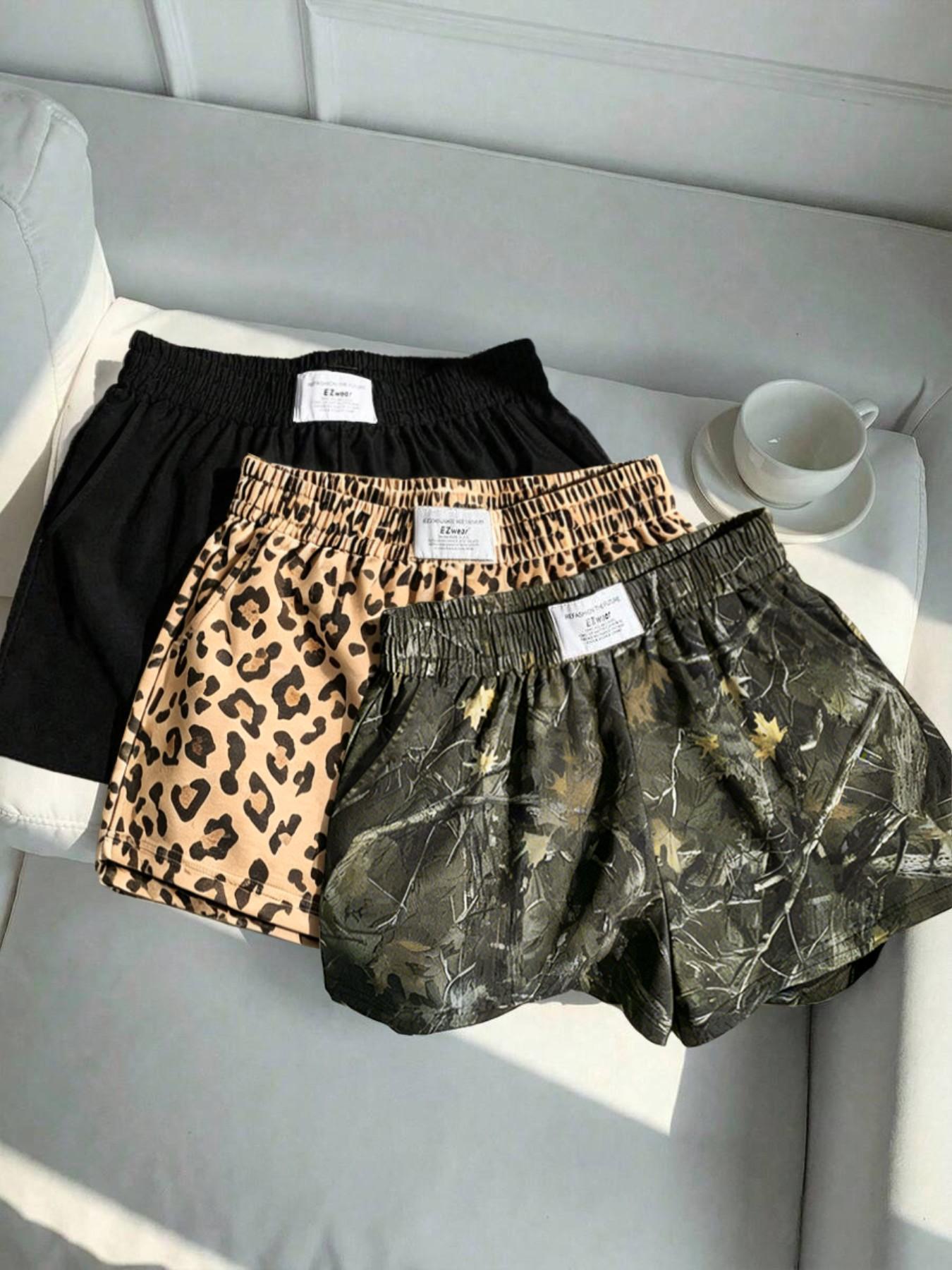 3-Pack Women's Summer Solid + Camo Tree Pattern + Leopard Print Logo Side Pocket Loose Sporty Shorts, Elastic Waist Design, Essential Shorts for Casual Outdoor Wear, Sports Fitness, and Street Style Outfits