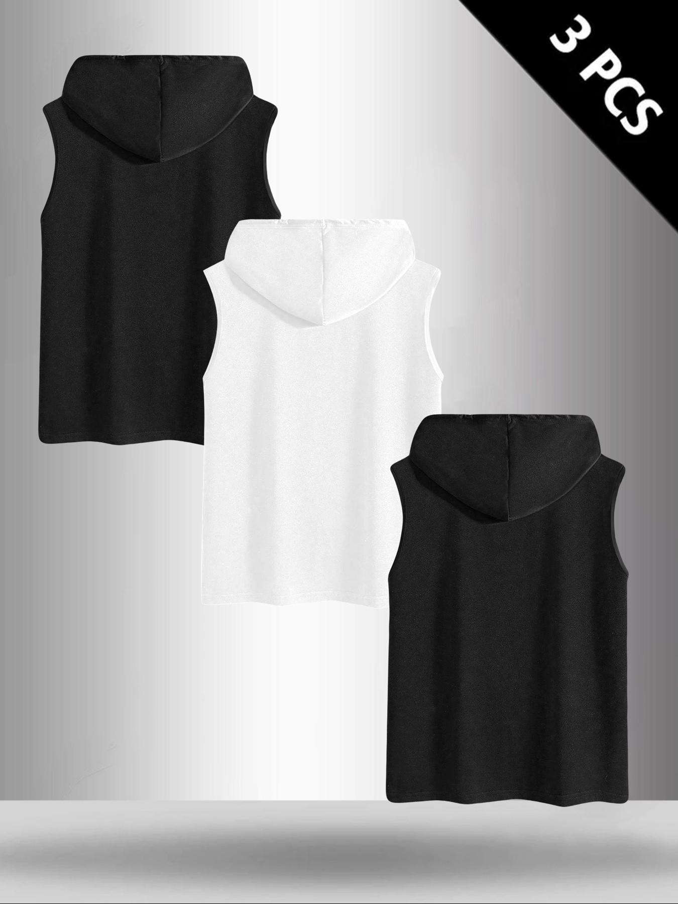 Men's 3-Piece Bull Graphic Print Round Neck Sleeveless T-Shirt Set, Casual Comfortable Fitted Activewear Hooded Vest, Summer Outdoor Athletic Fitness Wear