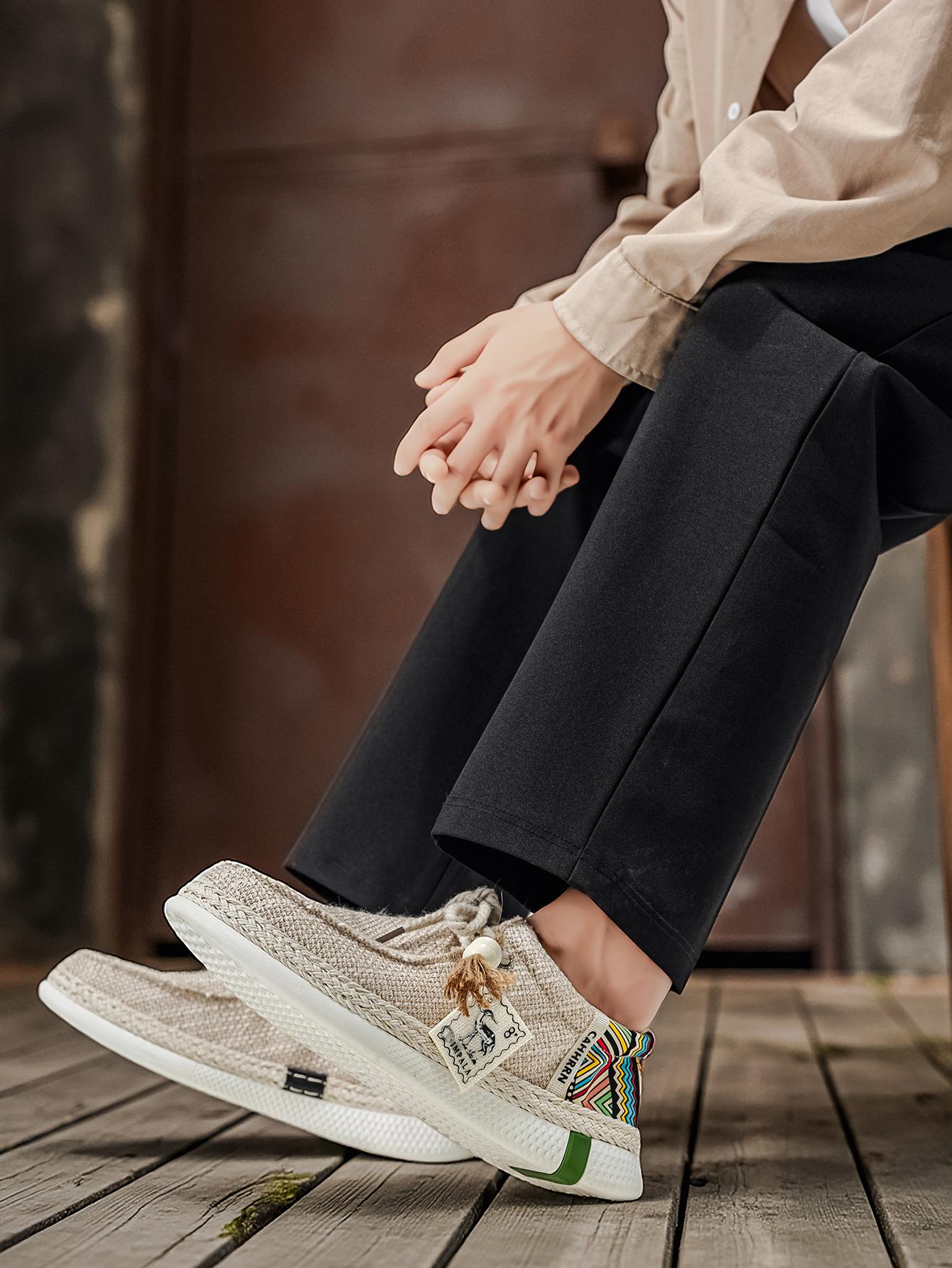 Summer New Men's Linen Shoes, Breathable Non-Stuffy, Colorblock Geometric Pattern, Fringe Decor, Retro Ethnic Style, Comfortable Thick Sole