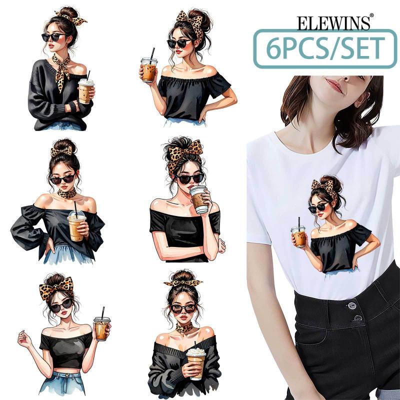 6Pcs Coffee Girl Hot Stamping DTF Transfer Film DIY Material for Tshirt Hoodie Jeans Backpack Pillow Machine Washable Heat Transfer Vinyl for Men Women DIY Craft Supplies