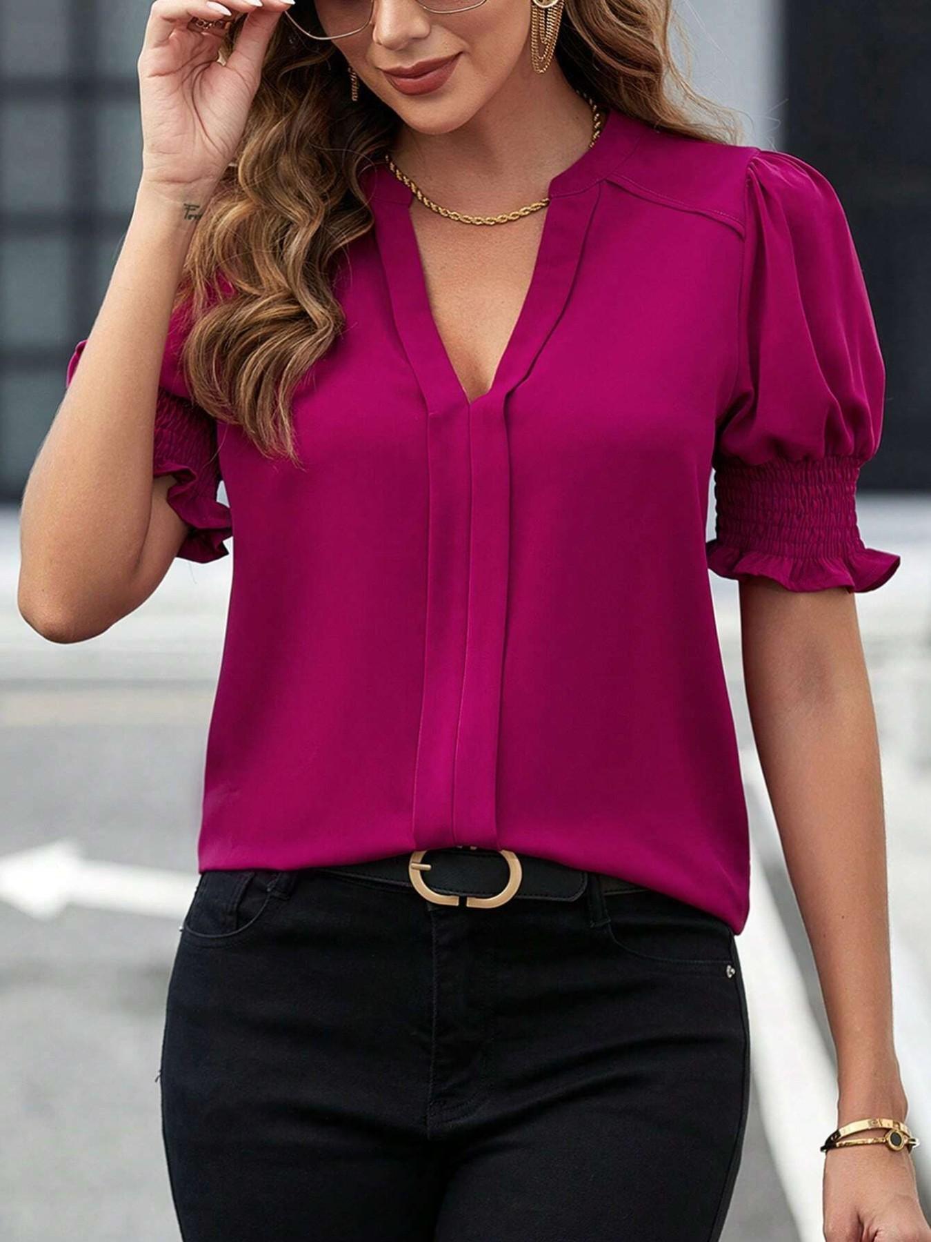 Summer New Fashion Casual V Neck Bubble Pure Color Short Sleeve Shirt, Stylish and Comfortable, Perfect for Daily Wear