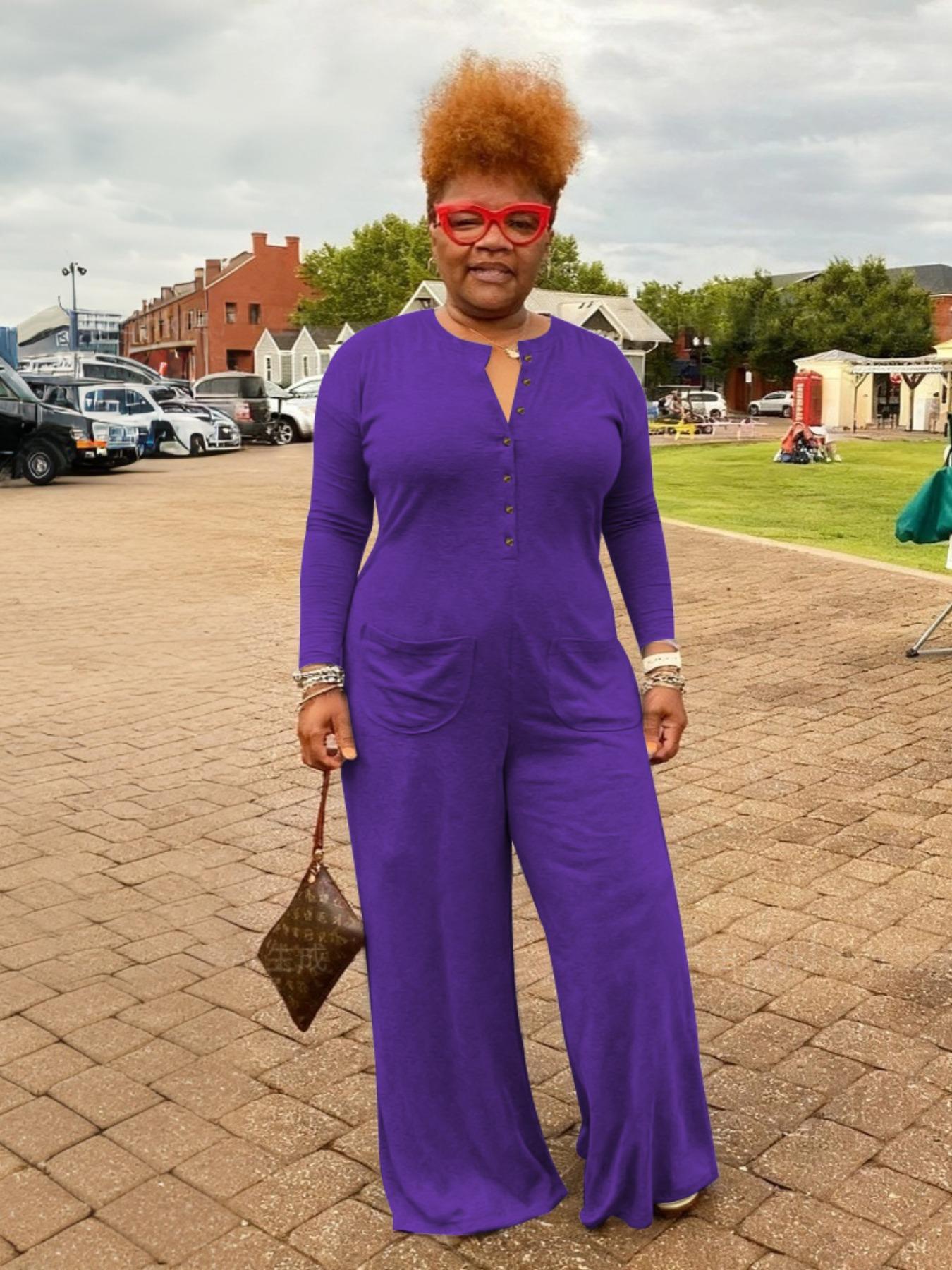 [Plus Size] Solid Pocket Button Front Wide Leg Jumpsuit, Casual Long Sleeve Round Neck Jumpsuit for Daily Wear, Women's Clothes for Fall & Winter, Womenswear