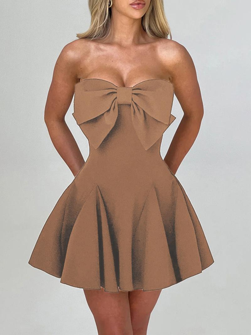 Women's Bow Decor Backless Tube Dress, Fashion Casual Strapless Fit and Flare Dress for Daily Outdoor Wear, Women Dress for Spring Fall