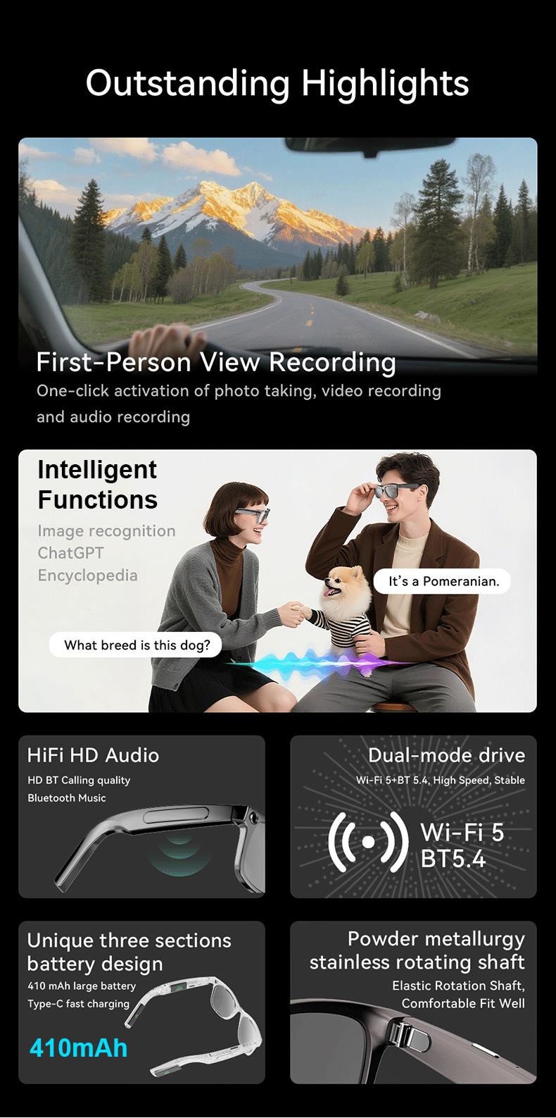 Smart Bluetooth Glasses with HD Camera, 1080p Video Recording Wearable Smart Glasses, Anti-shake Shooting Outdoor Sports Camera Sunglasses, Multifunctional Wireless Audio Glasses with Intelligent Voice Assistant, Built-in Earphone Anti-blue Light Eyeglass