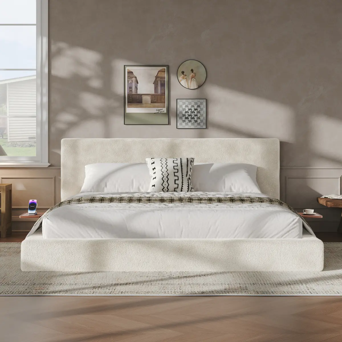 AirFrame Queen/King Bed Frame with adjustable Sliding Side Table, 8.7'' Cloud Upholstered Sponge Cushion, Easy Assembly (Off-White).