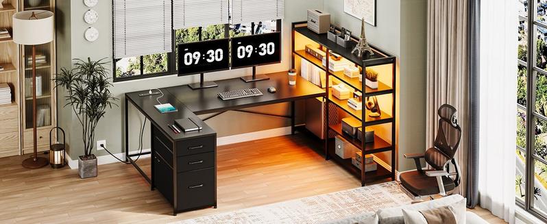 Sikaic 64.5 inches Reversible L Shaped Desk with Storage Shelves U Shaped Gaming Desk with 3 Drawers Power Outlet & LED Strip Ergonomic Chair Game Chair