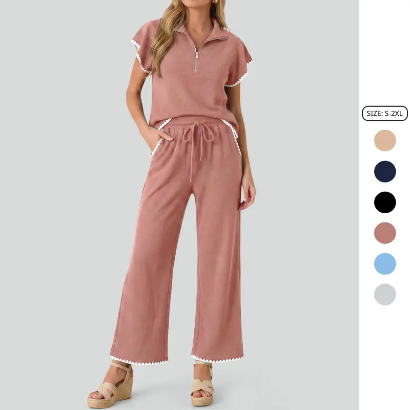 Imily Bela Scalloped Trim Waffle Knit Two Piece Set Women Half‑Zip Top & Wide Leg Pants Casual Lounge Outfit