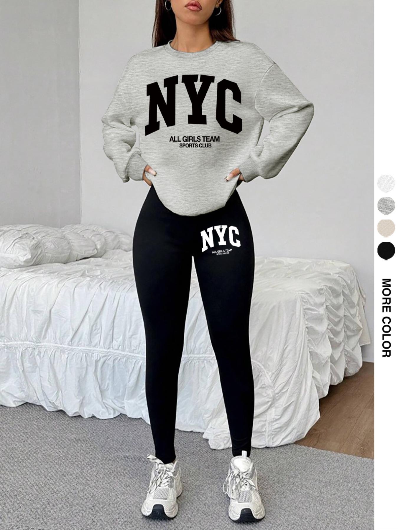 Women's Nyc Letter Print Sweatshirt Set, Track Pants Set, Round Neck Long Sleeve Top, Fitted Bottoms, Casual Fall & Winter, Holiday Sale