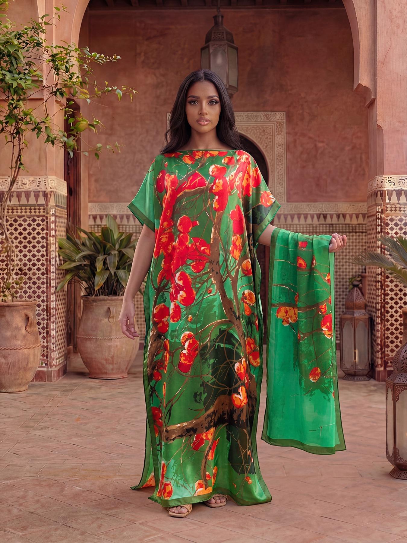 Women's Floral Print Robe Set, Casual Fashion Long Dress + Headscarf Scarf Hairband, Beach Sun Protection Satin Silk Shawl
