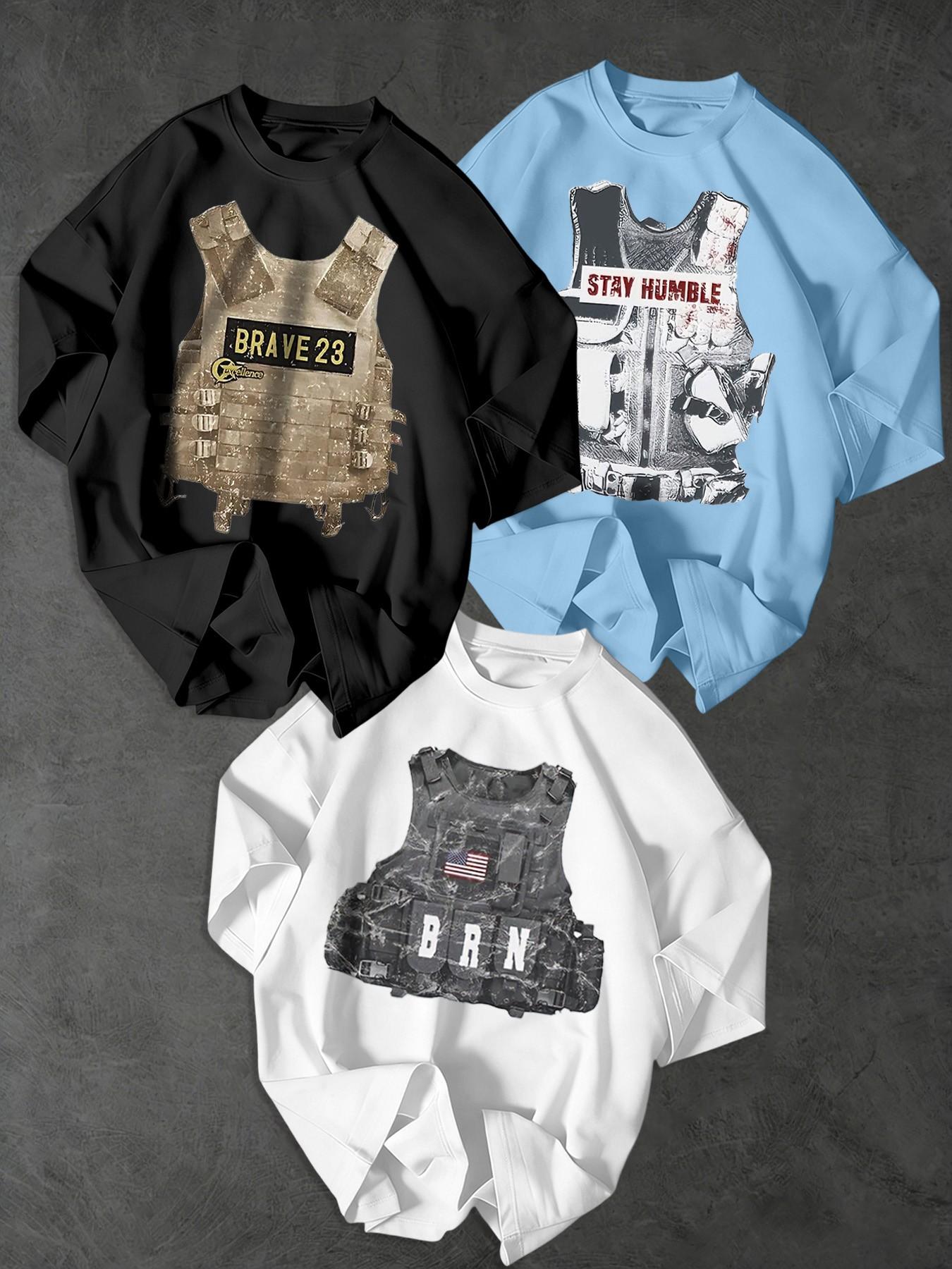 Men's Tactical Bulletproof Vest Print T-Shirt, 3-Pack Loose Short Sleeve, Casual Streetwear, American Style, Trendy