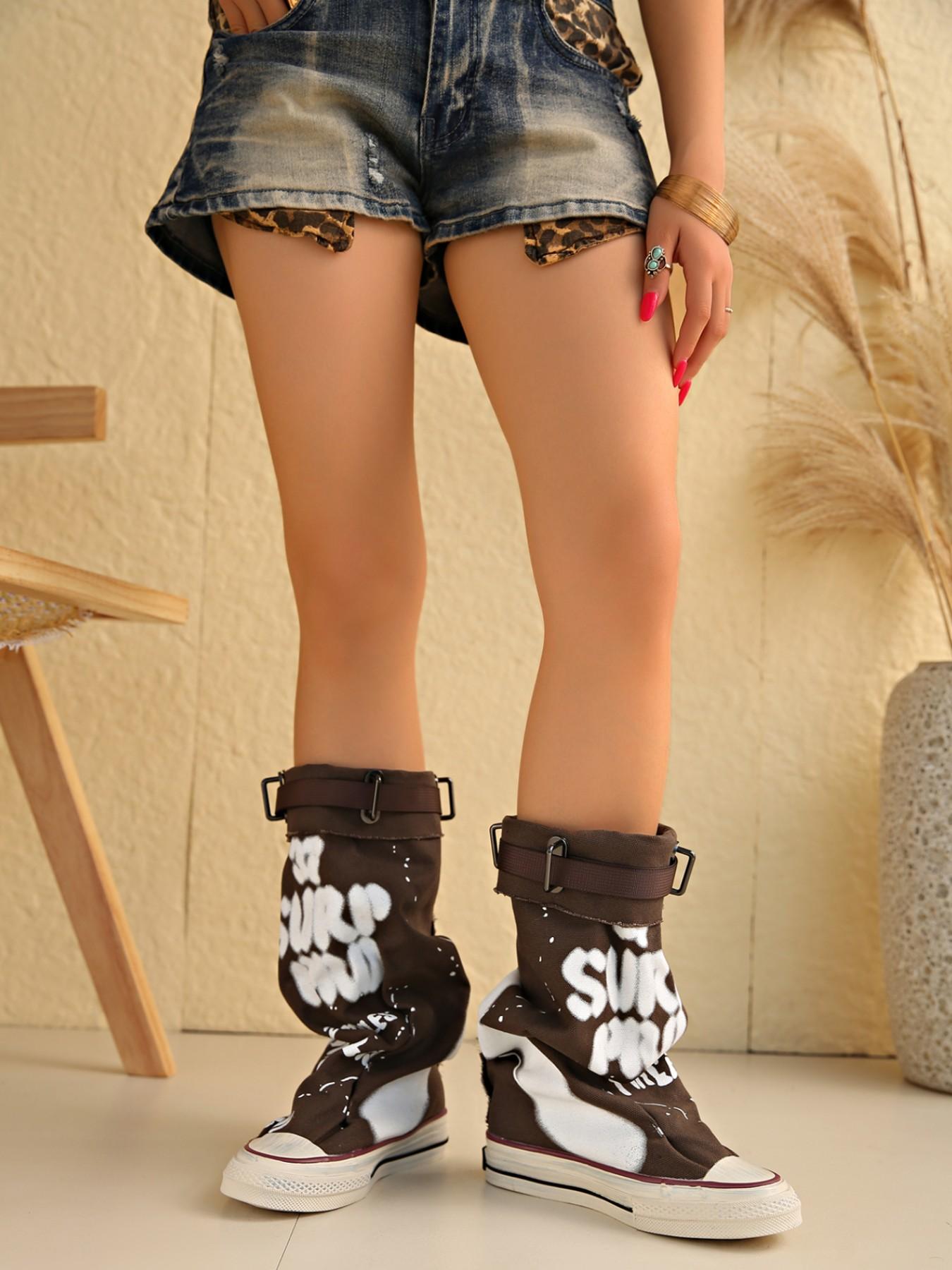 New Women's Graffiti Print Canvas Mid-Calf Boots, Modern Boot, Buckle Strap, Foldable Stackable, Fashionable Above Ankle but Below Knee Boots