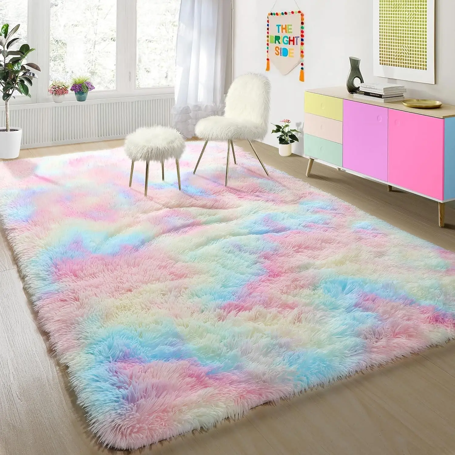 4x6 Rainbow Fluffy Soft Plush Area Rugs for Girls Bedroom, Shaggy Vibrant Rugs for Kids Playroom,Kawaii Princess Fuzzy Rugs for Nursery Baby Toddler,Cute Colorful Room Decor for Teenage