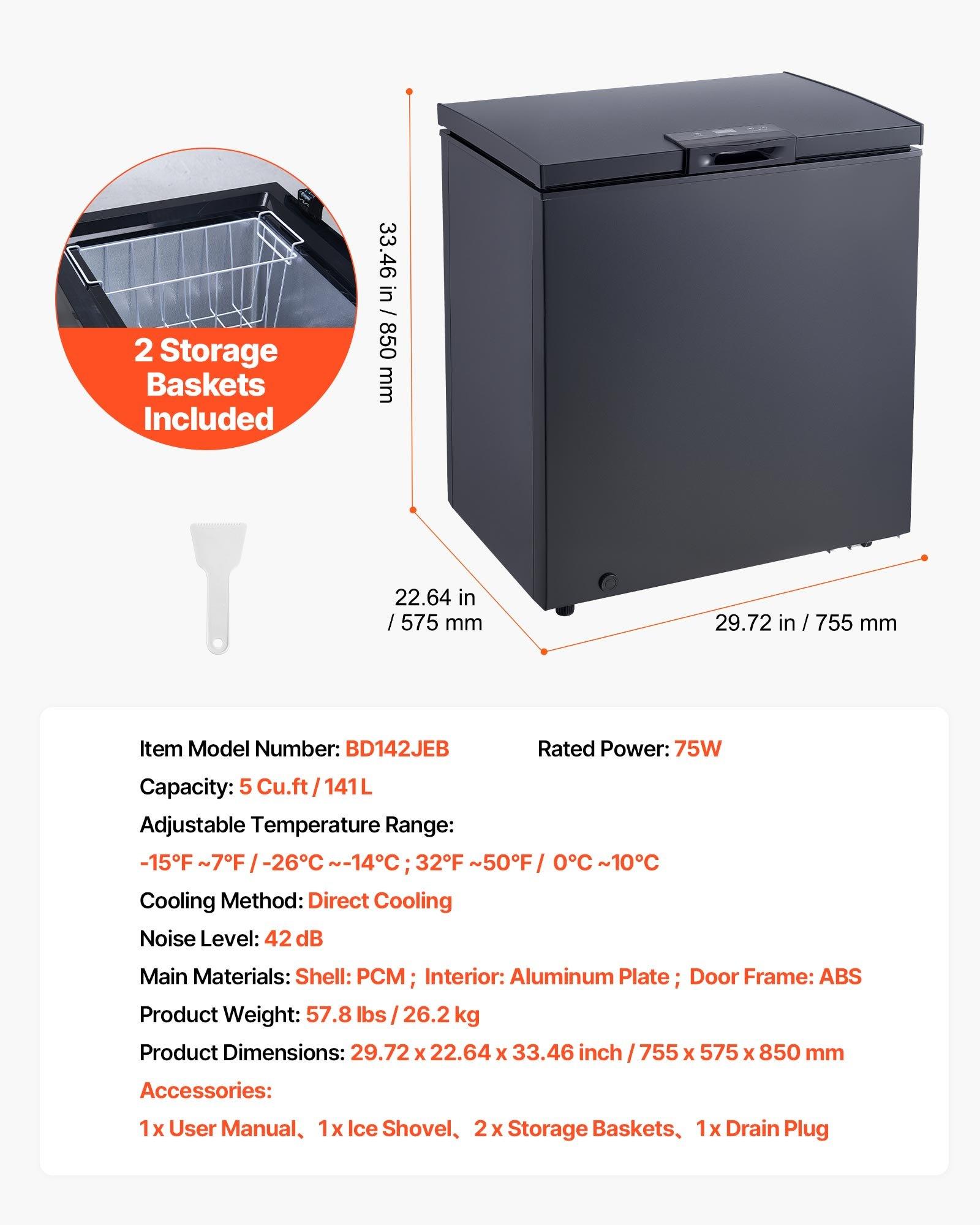 Chest Freezer, 5 Cu. ft Compact Deep Freezer, Free Standing Top Open Door Chest Freezers with 2 Removable Baskets Adjustable Thermostat - Energy Saving, Low Noise Garage Ready, Black