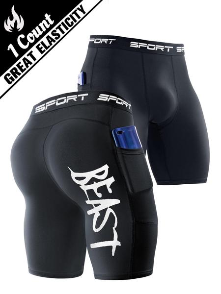 Bold “BEAST” Print Performance Shorts – Men’s Black Compression Fit, Stretchy & Breathable with Pockets, Built for Training, Gym & Basketball, Running Workout Shorts
