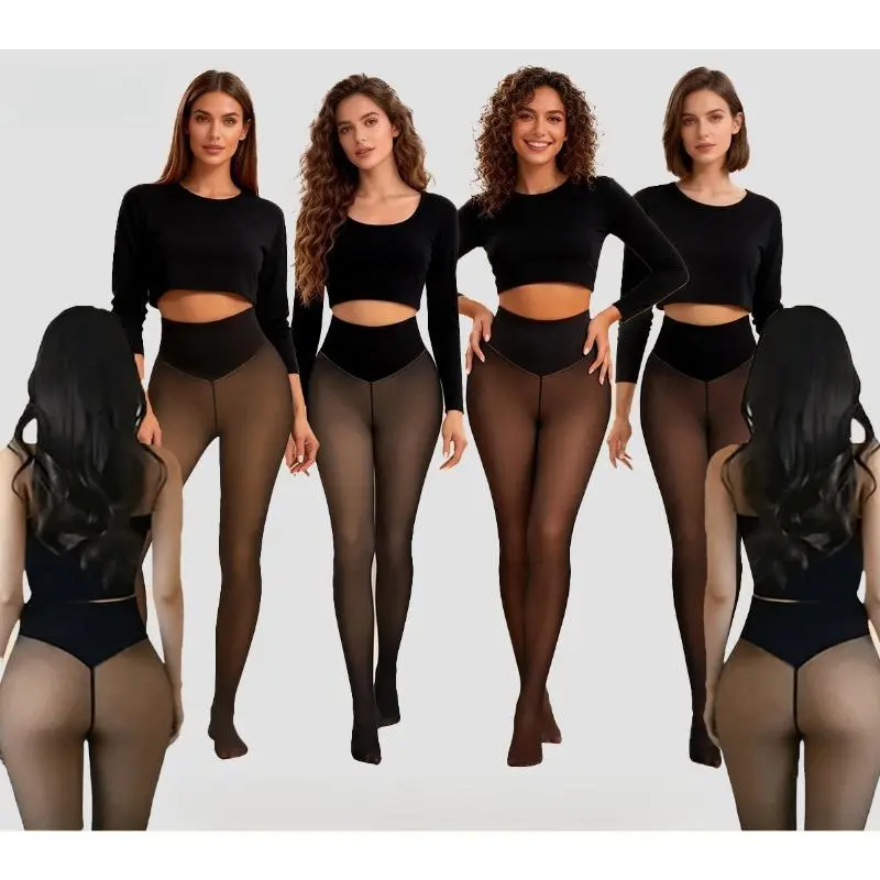 Fleece Lined Fake Translucent Tights, Black See Through Thermal Pantyhose, High Waist Warm Winter Hosiery for Women