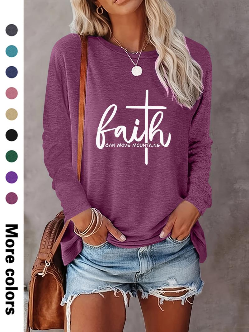 Women's Letter Print Round Neck Tee, Casual Long Sleeve T-shirt, Women's Spring & Fall Top for Daily Wear