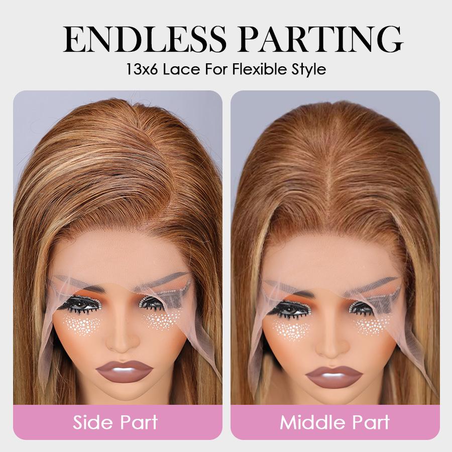 Pizazz Hair 13x6 Ombre Highlight Lace Front Wigs Human Hair with Baby Hair 220 Density 4/27 Honey Blonde straight Lace Frontal Wigs Human Hair