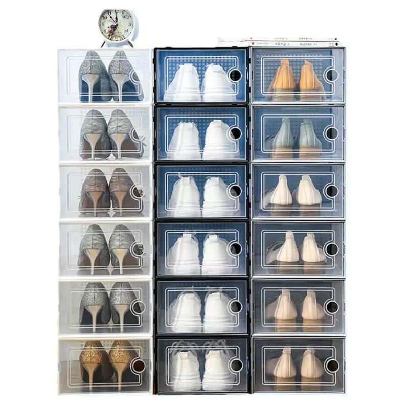 6-Pack thickened transparent shoe box (with lid), foldable stackable shoe rack, space-saving storage organizer, Clear shoe organizer, suitable for homes and dormitories