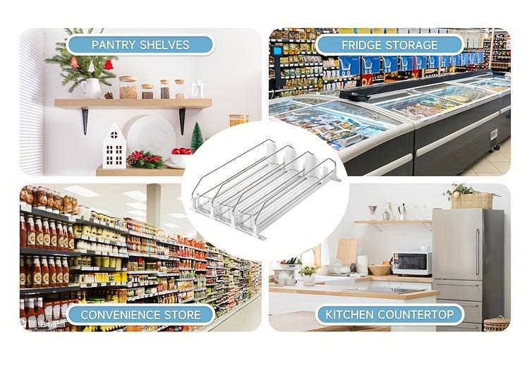 Refrigerator beverage storage box, refrigerator bottle and can organizer, self-pushing soda can dispenser, beverage pusher, white bar-shaped design, upgraded with double-layer divider panels, equipped with positioning clips